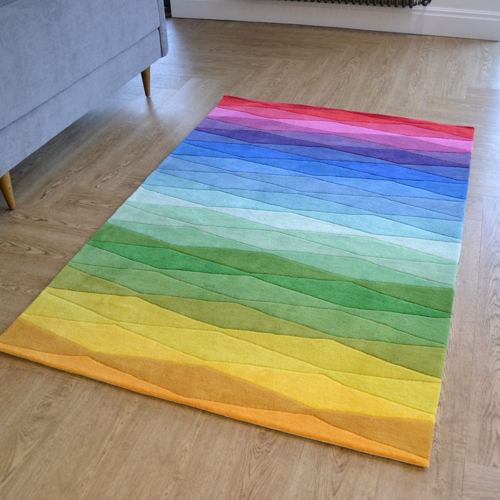 Rainbow Wave Colour Block Wool Rug in Multi